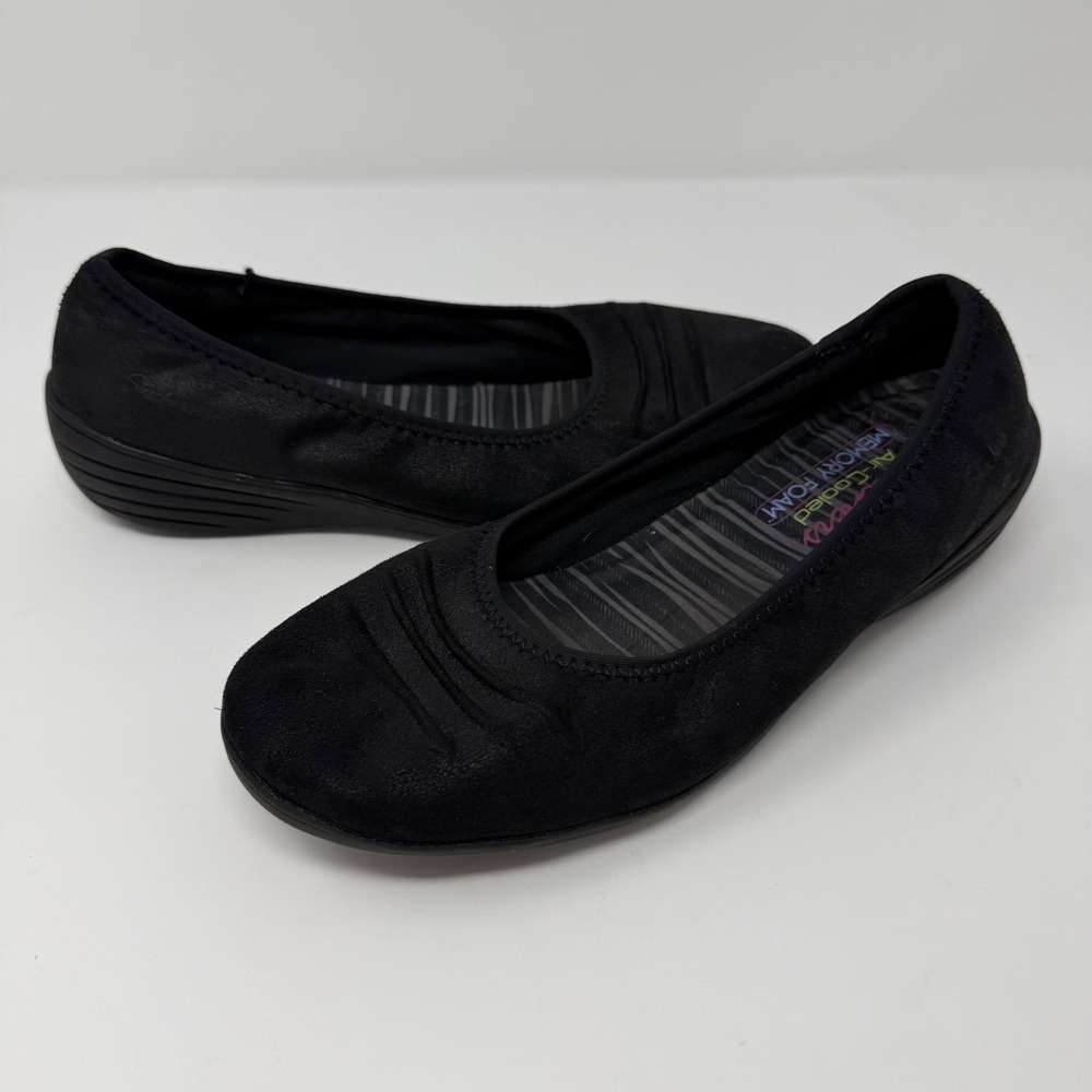 Skechers Flats Size 8.5 Air Cooled Memory Foam Black Suede Ruched Slip on Womens